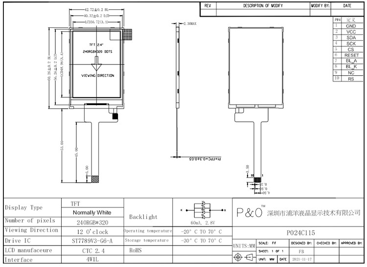 Polcd RoHS 2.4 بوصة شاشة LCD Tft ST7789V3 TFT LCD وحدة 4 سلك SPI
