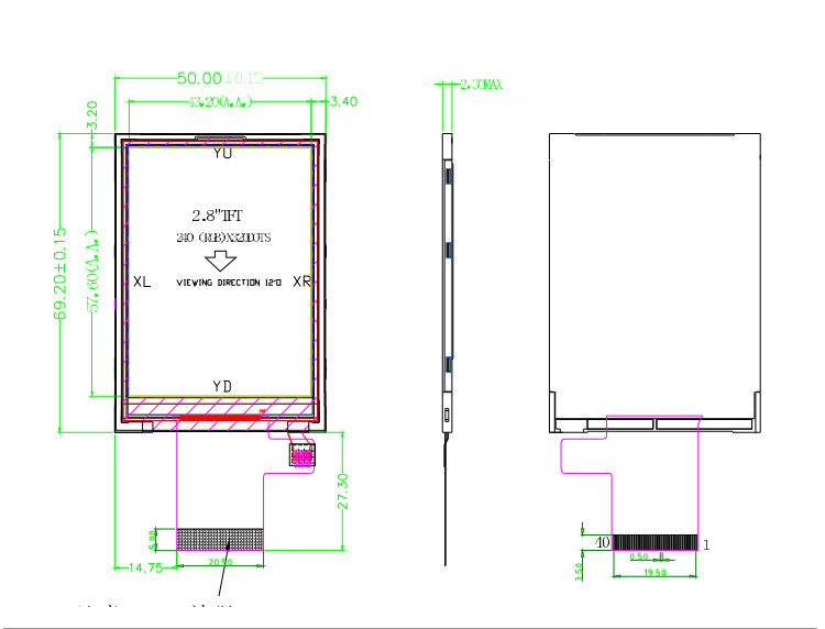 ألوان Polcd 265K 2.8 بوصة TFT Module 57.6mm عادة بيضاء واجهة SPI Module Lcd tft