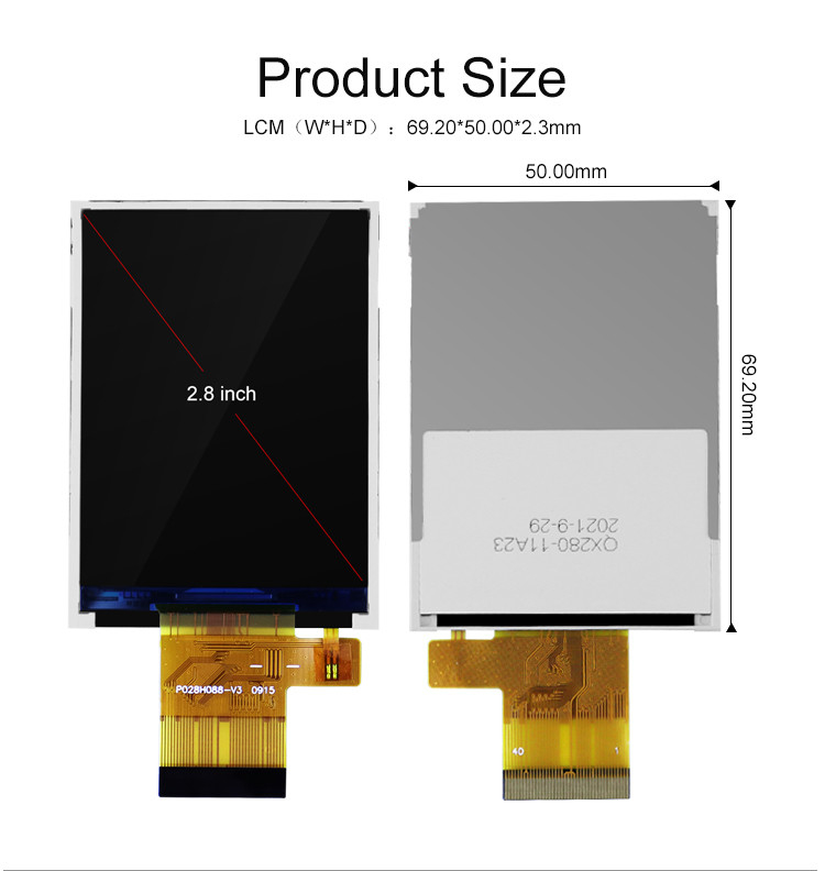 ألوان Polcd 265K 2.8 بوصة TFT Module 57.6mm عادة بيضاء واجهة SPI Module Lcd tft