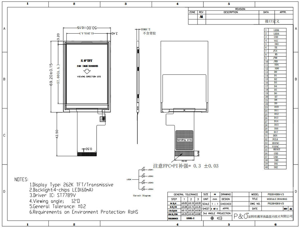 وحدة LCD عالية الدقة 480x640 TFT من Polcd 2.8 بوصة مع واجهة SPI RGB CTP