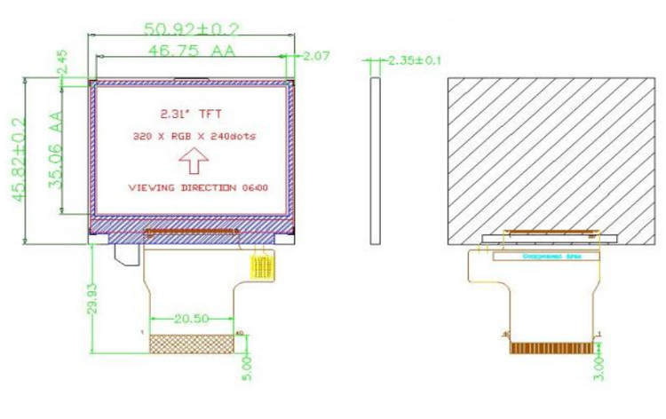 اللون 262K 2.31 بوصة الشاشة المربعة 300 نيت 320x240 tft شاشة LCD