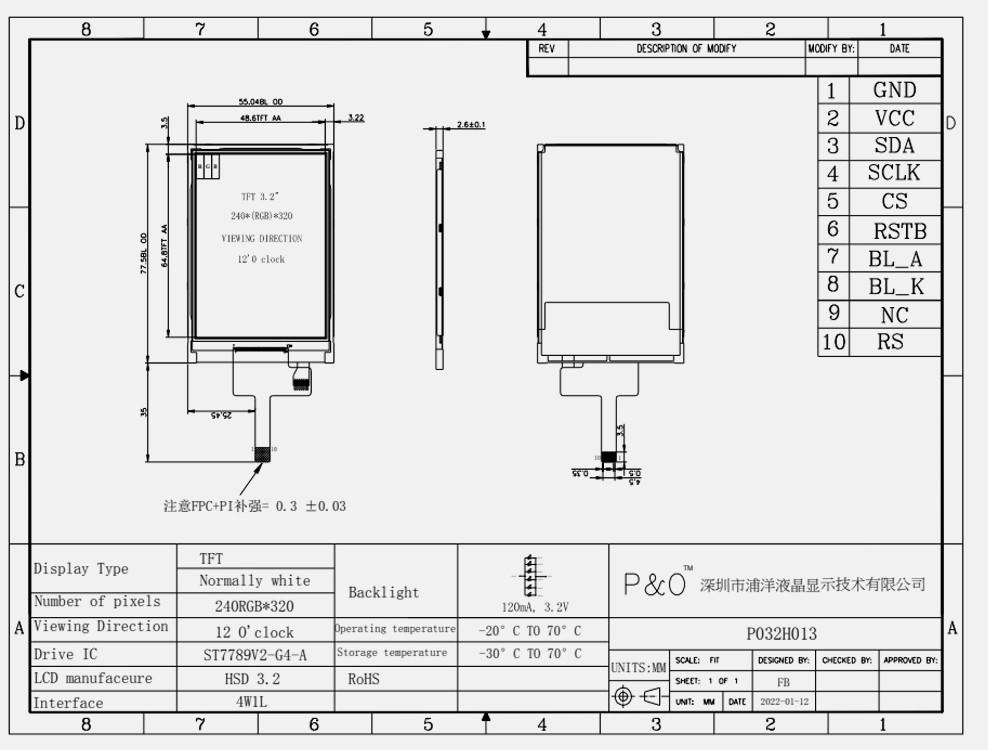 Polcd ST7789V 3.2 بوصة Tft Lcd اللون 262K شاشة TFT LCD 48.6mm 12 0'CLOCK