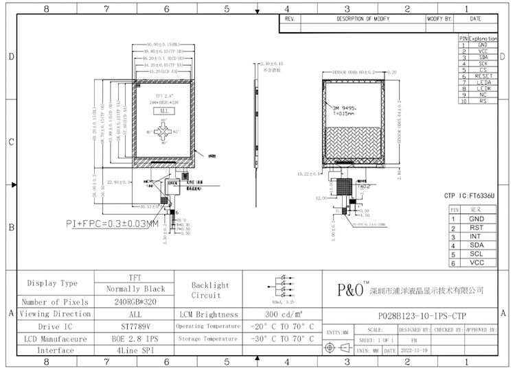 Polcd Full Color 2.8 بوصة Tft Display حجم صغير شاشة RGB ملونة 2.8 