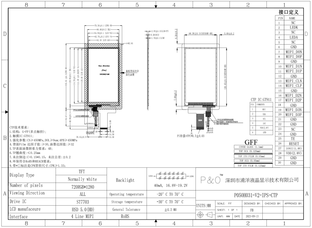 Polcd 5 بوصة شاشة LCD عمودية 720 * 1280 واجهة MIPI لوحة لمسة سعة IPS 5' TFT