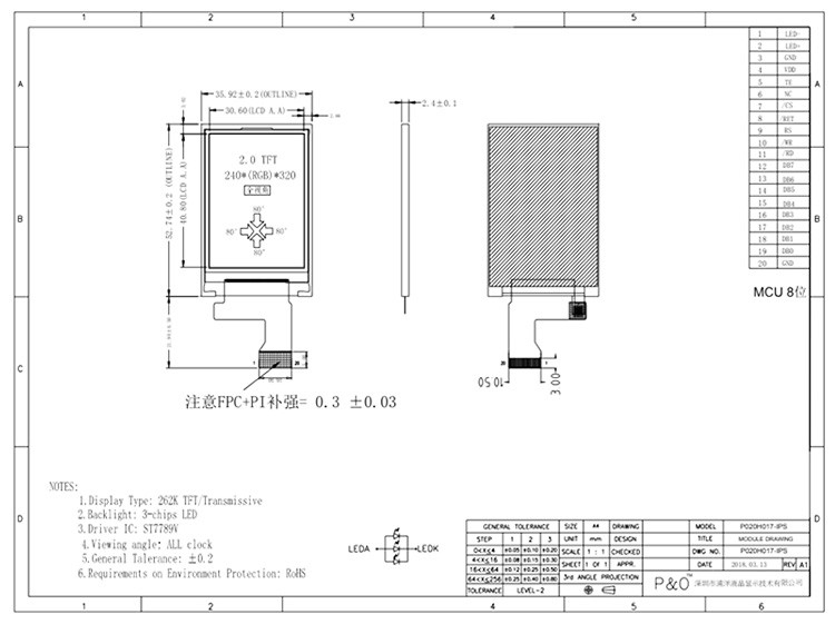 Polcd 262K 2.4 مم 2 بوصة شاشة LCD ST7789V IPS TFT LCD عرض 240X320