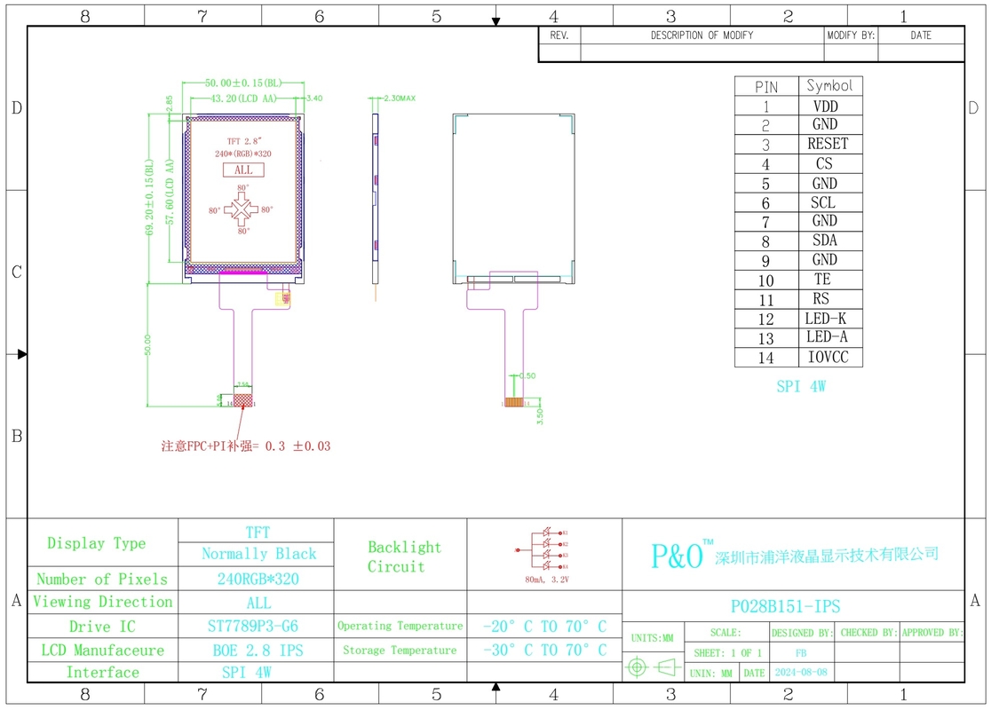 Polcd المصنع 2.8 بوصة مصفوفة 240x320 شاشة TFT 20 دبوس FPC LCM ST7789 وحدات LCD