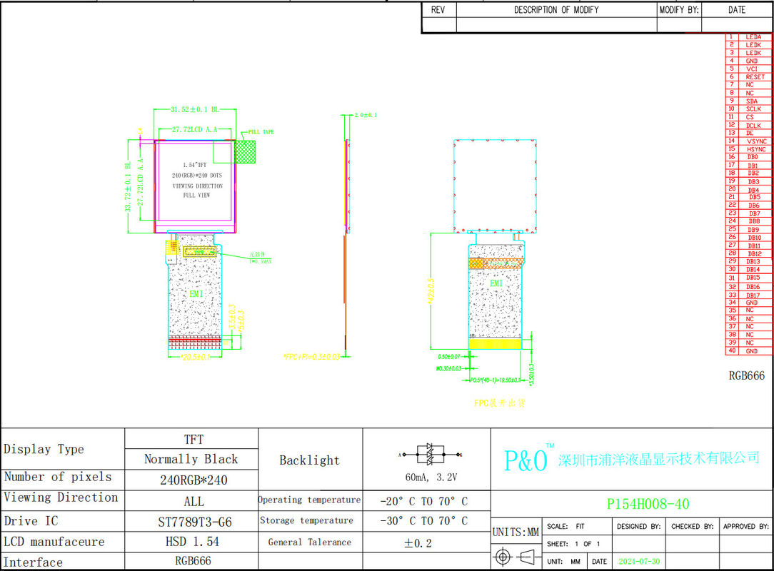 Polcd 1.54 بوصة TFT شاشة LCD 240x240 IPS شاشة مربعة 40 دبوس RGB666 واجهة لوحة LCD