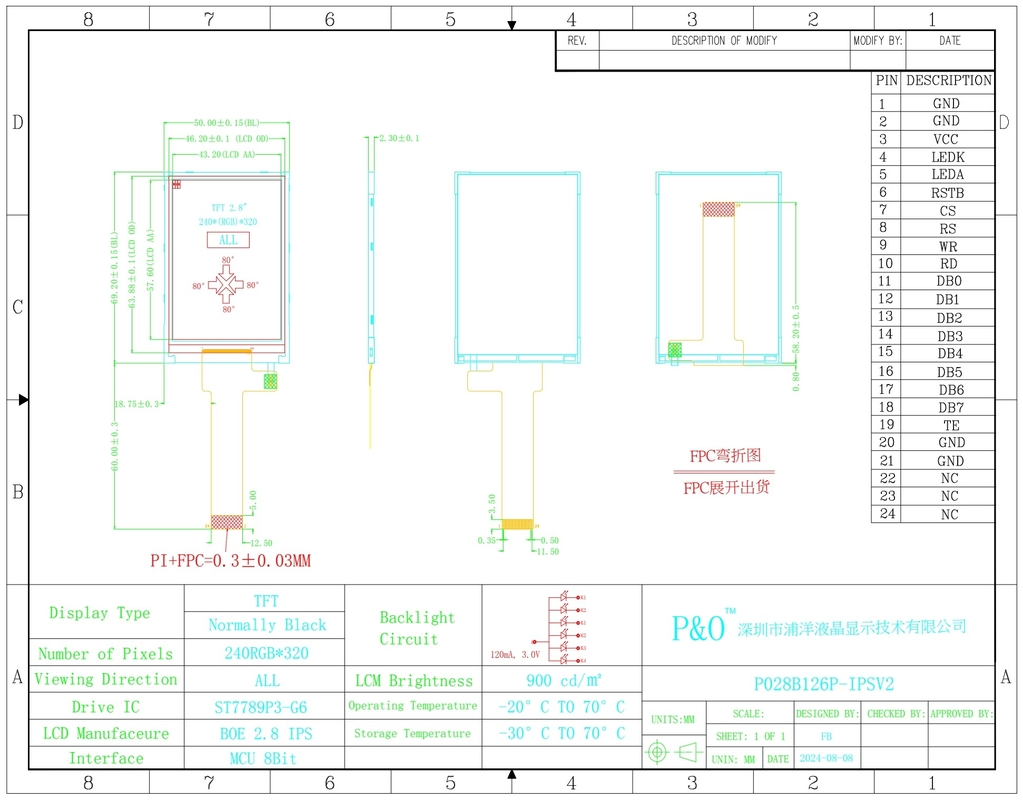 Polcd 2.8 بوصة شاشة LCD 240x320 MCU واجهة عرض واسعة الزاوية TFT وحدة LCD العاكسة مع ST7789P3-G6