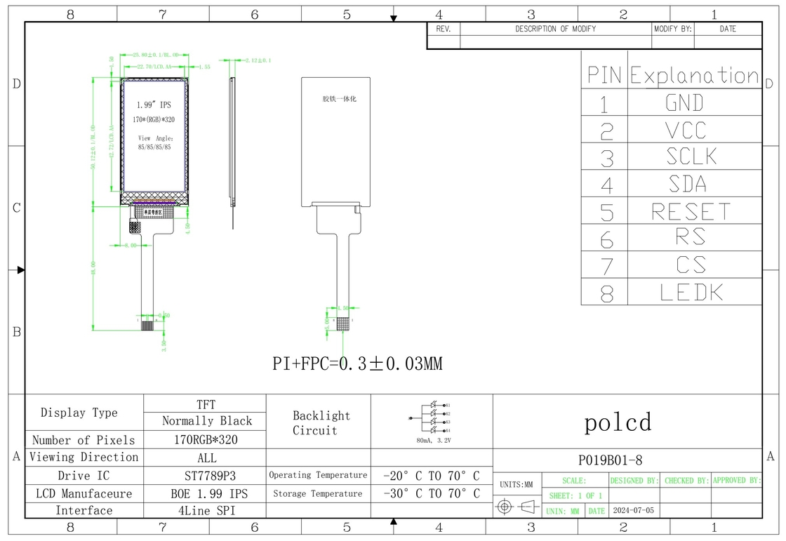 Polcd 1.9 بوصة 170*320 ST7789P3-G6 SPI Bar TFT LCD Module شاشة 8 دبوسات IPS شاشة LCM عمودية