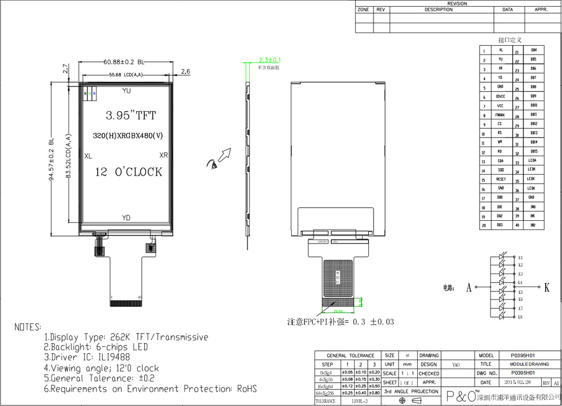 Polcd Custom 3.95 بوصة 320x480 Ips Tft واجهة LCD RGB وحدة عرض بلورية سائلة مع اللمس