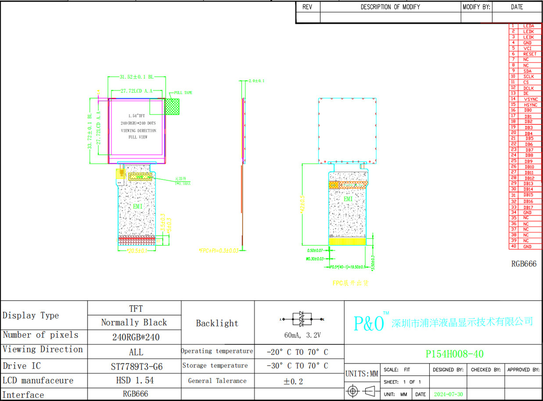 Polcd 1.54 بوصة لوحة الكريستال السائل ST7789T3 IC 240x240 لون شاشة TFT IPS LCD
