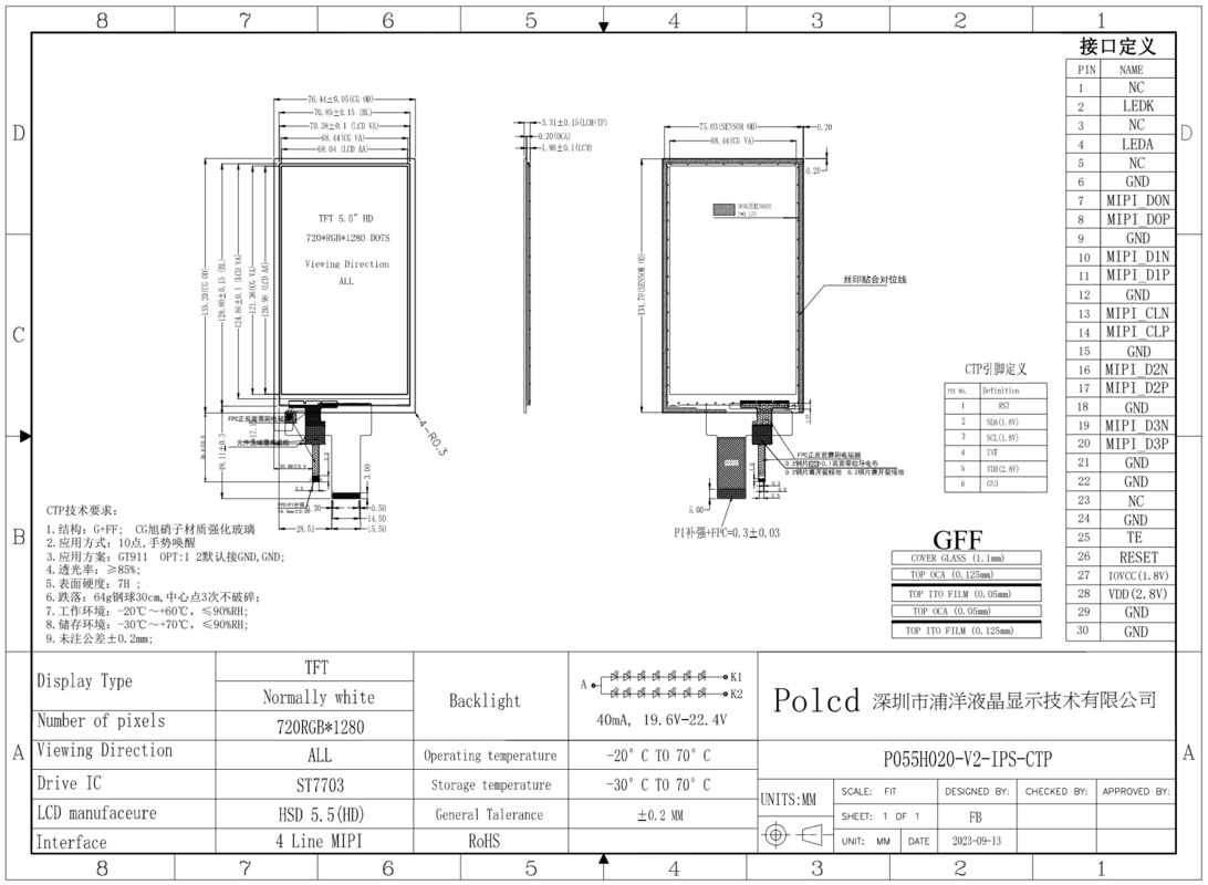 Polcd 5.5 بوصة IPS TFT LCD 720x1280 زاوية مشاهدة كاملة مع واجهة MIPI وحدة عرض LCD