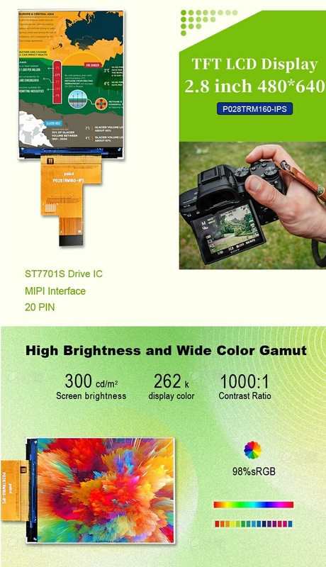 Polcd 2.8 بوصة IPS شاشة LCD مع واجهة MIPI 480x640 دقة 300nits 2.8 