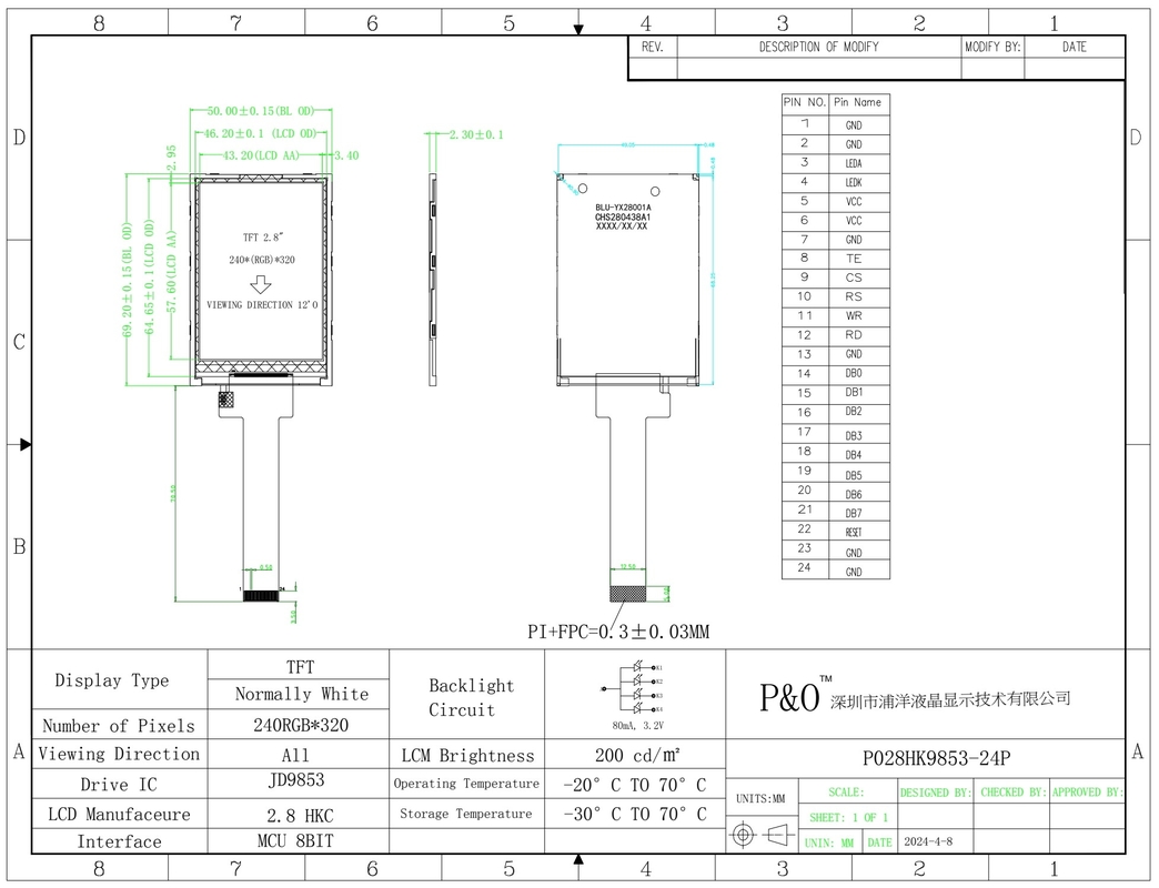 Polcd 2.8 بوصة 240 * 320 دقة 50pin Tft لوحة شاشة LCD عرض وحدة 2.8 