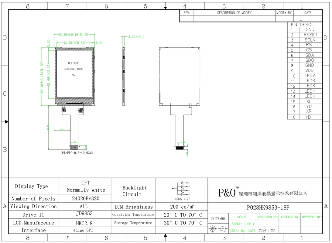 Polcd 2.8 بوصة 240x320 IPS TFT شاشة LCD شاشة SPI JD9853 IC كل مفتوحة زاوية عرض وحدة عرض لوحة