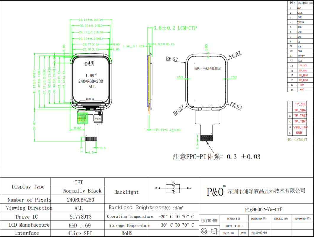 Polcd 1.69 بوصة 240x280 TFT عرض وحدة مربع شاشة لمسة LCD للساعة الذكية