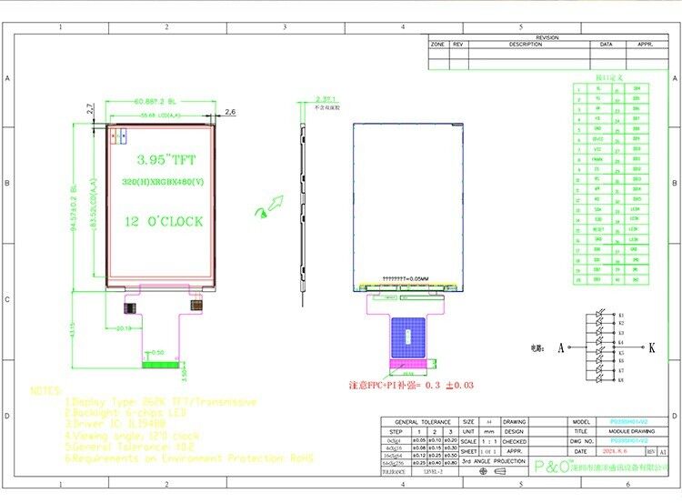 Polcd Custom 3.95 بوصة 320x480 Ips Tft واجهة LCD RGB وحدة عرض بلورية سائلة مع اللمس