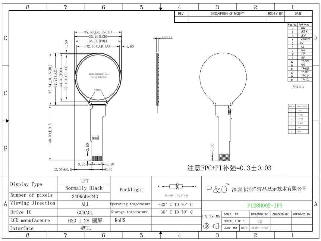 شاشة LCD صغيرة مستديرة 1.28 بوصة شاشة LCD 240 * 240 1.3 بوصة واجهة SPI IPS دائرية Tft لوحة وحدات شاشة LCD
