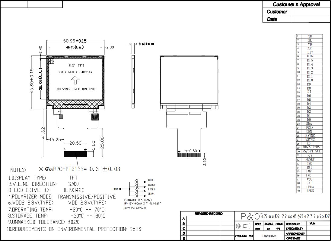 2.31 بوصة 320x240 شاشة LCD عرض RGB 18 بت واجهة 35.06mm شاشة مربعة IPS