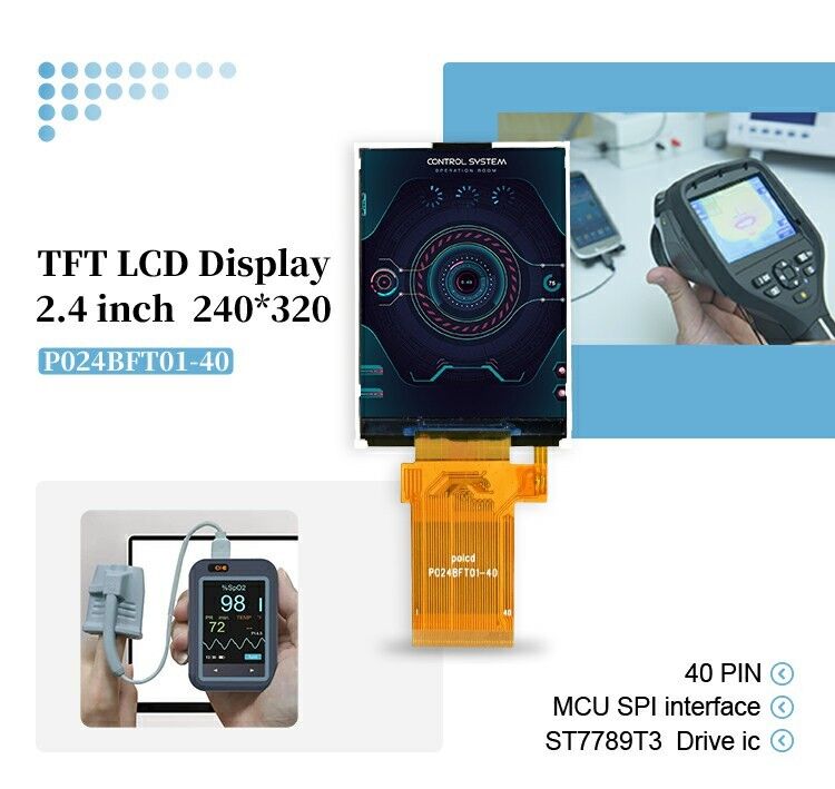 شاشة LCD بتقنية TFT مقاس 2.4 بوصة 240*320 Mcu Spi بواجهة SPI وتقنية انعكاسية شفافة قابلة للقراءة في ضوء الشمس