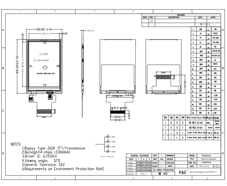 Polcd 2.8 بوصة لوحة شاشة LCD 240 * 320 واجهة MCU SPI ILI9341V TFT LCD Module Display