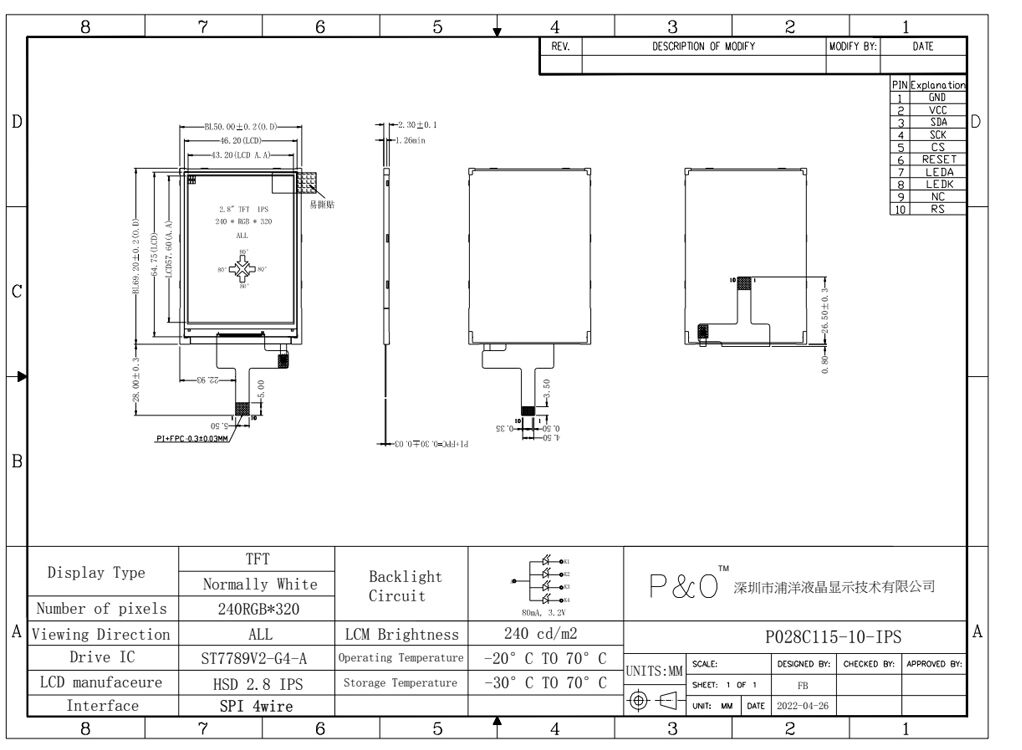 Polcd 2.8 بوصة IPS شاشة LCM وحدة 240x320 SPI واجهة ST7789V شاشة TFT LCD عالية السطوع
