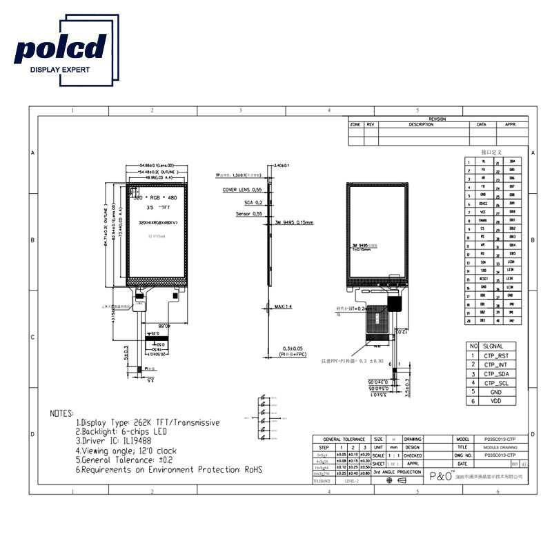 Polcd ST7796S 3.5 Lcd Tft Display Rgb RoHS 18 Bit Lcd للتطبيقات الطبية